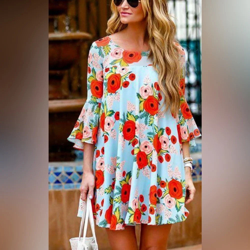 Rifle Paper Paper Crown Anthropologie Floral Blue MIDI Bell sleeve Dress SP - Picture 2 of 16